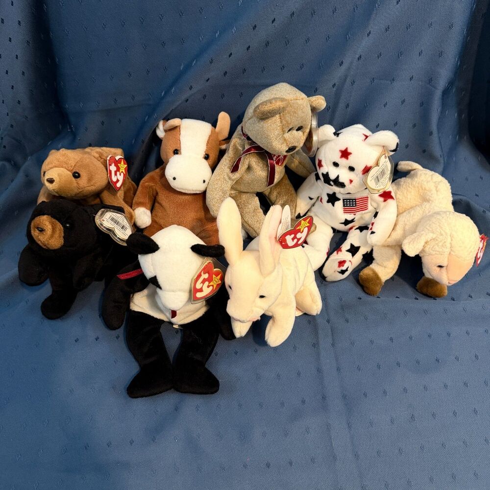 Vintage TY Beanie Babies Lot of 8 Plush Animals Bears Panda Cow Rabbit w Tags